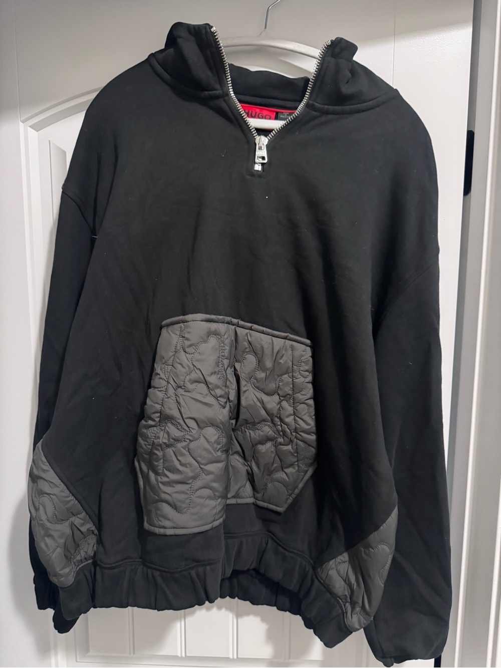 HUGO Black Half-Zip Sweatshirt with Red Logo Trim